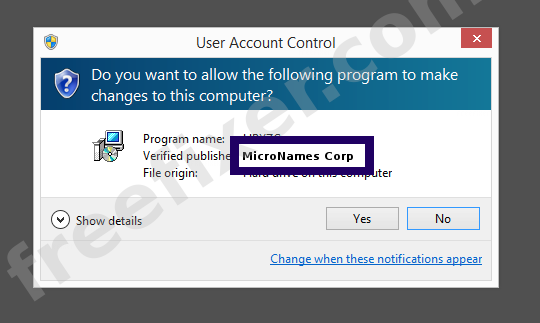 Screenshot where MicroNames Corp appears as the verified publisher in the UAC dialog